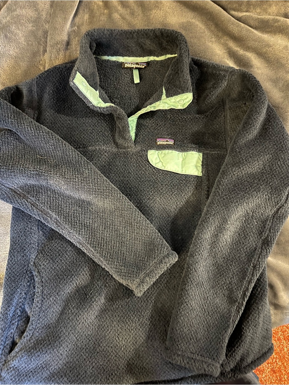 Patagonia Navy Zip-Up Fleece with Light Green Trim - Kids